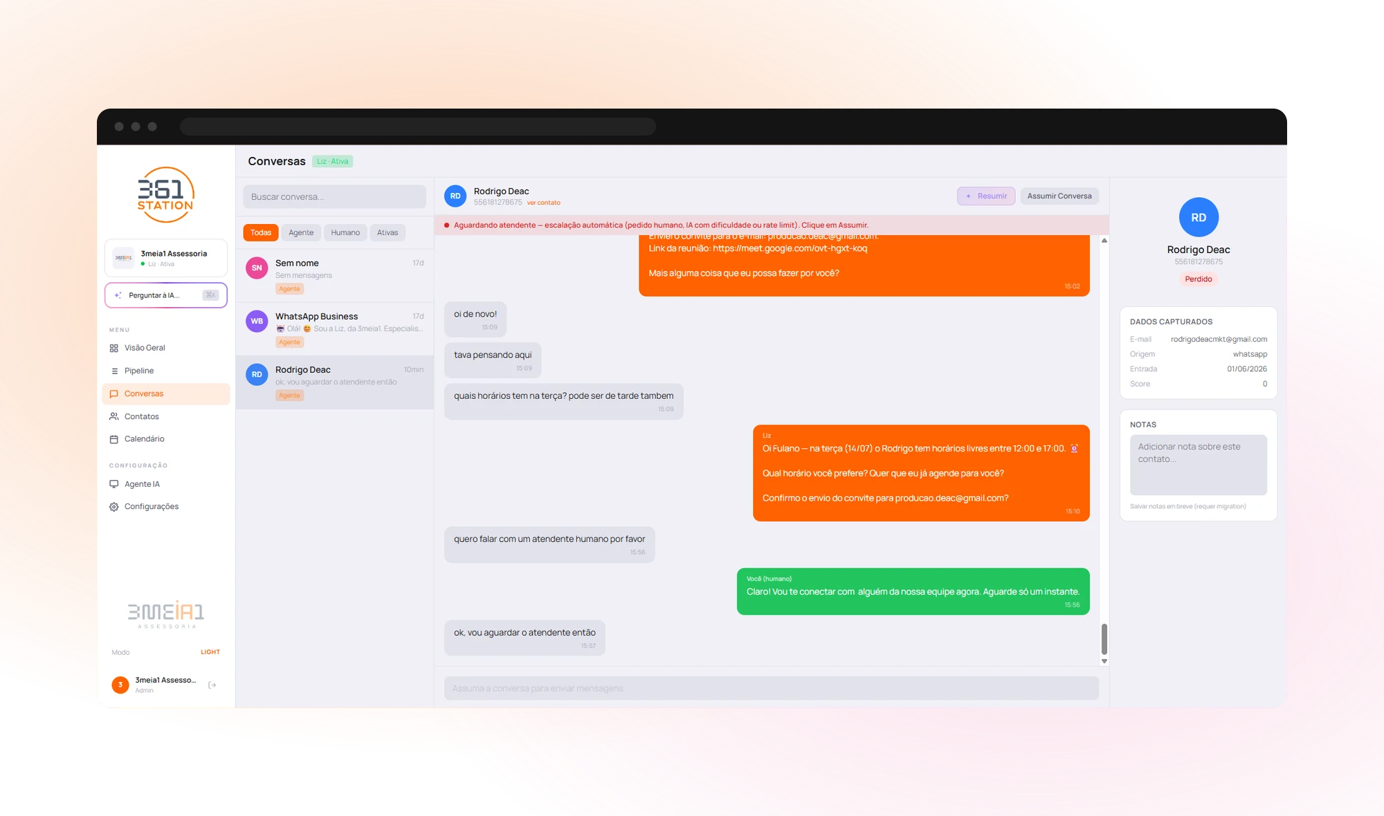 Conversa real no 361 STATION: a agente de IA Liz oferece horários, agenda e envia convite do Google Meet; humano assume com um clique