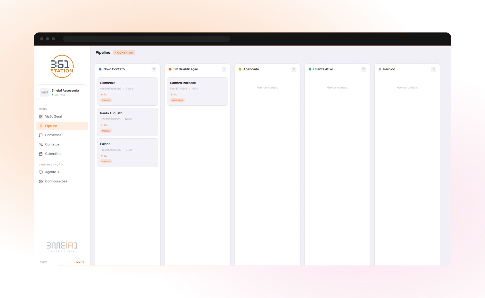 Pipeline comercial kanban do 361 STATION com etapas Novo Contato, Em Qualificação, Agendado, Cliente Ativo e Perdido
