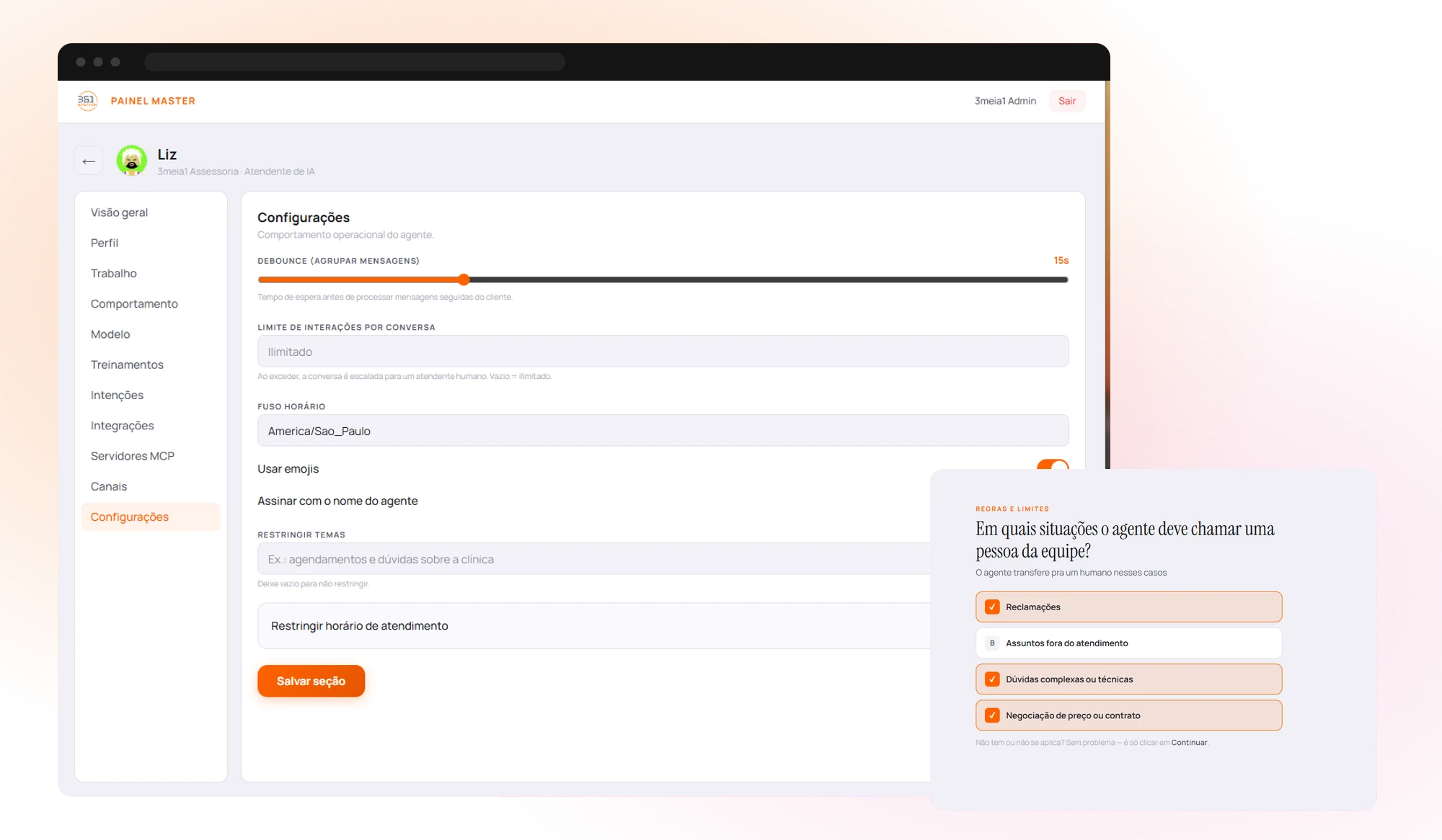 Painel Master de configuração da agente Liz: comportamento, limites, fuso, e wizard de regras de escalação para humano