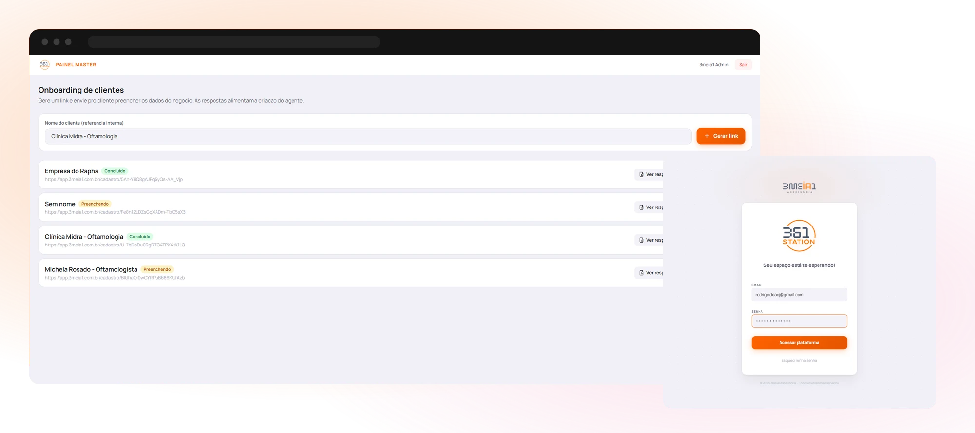 Onboarding de clientes do 361 STATION: gerador de links de cadastro white-label e tela de login da plataforma