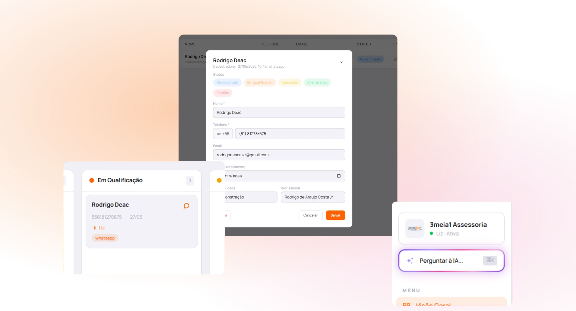 Detalhes de interface do 361 STATION: modal de contato, card do kanban e campo Perguntar à IA