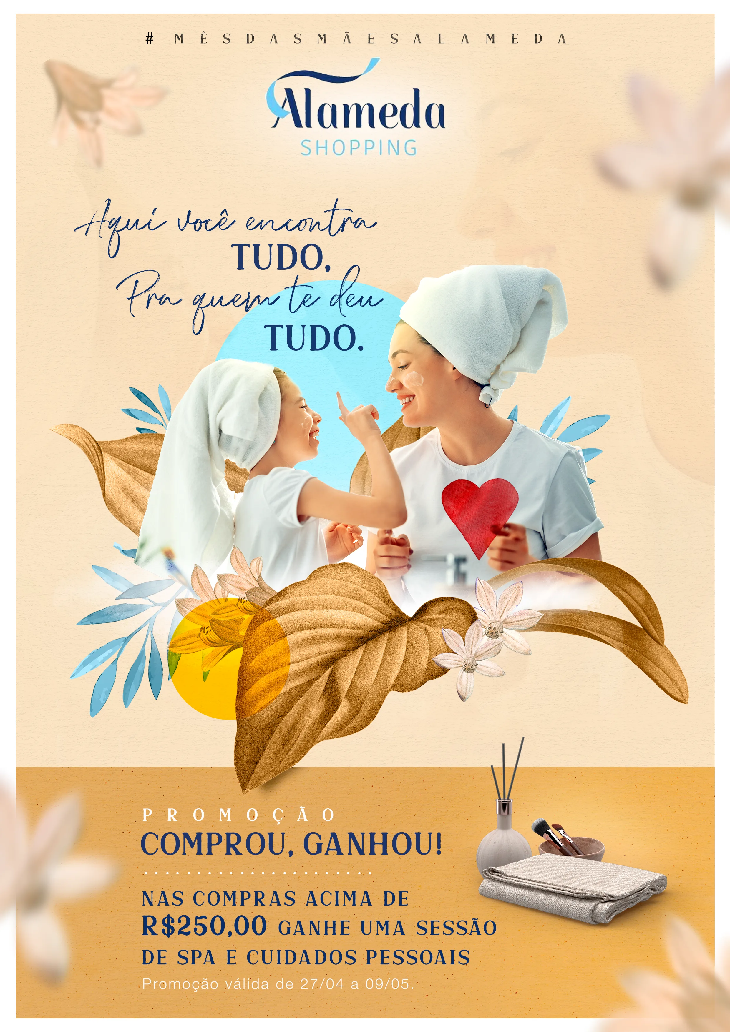 Campaign master piece - mother and daughter in head towels enjoying a spa moment, floral collage and headline