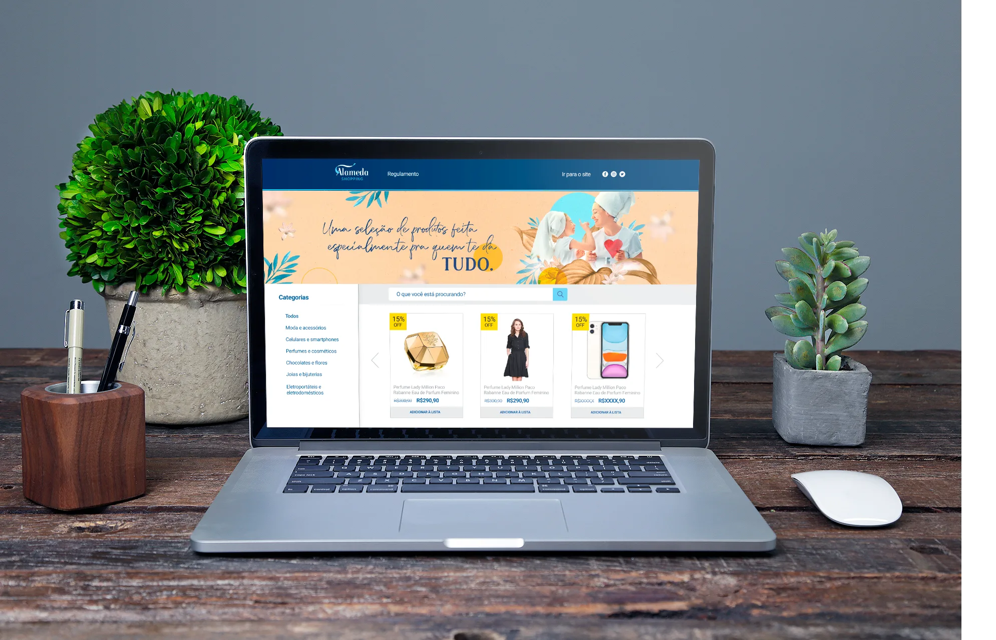 Digital storefront on a laptop - landing page with store offers catalog