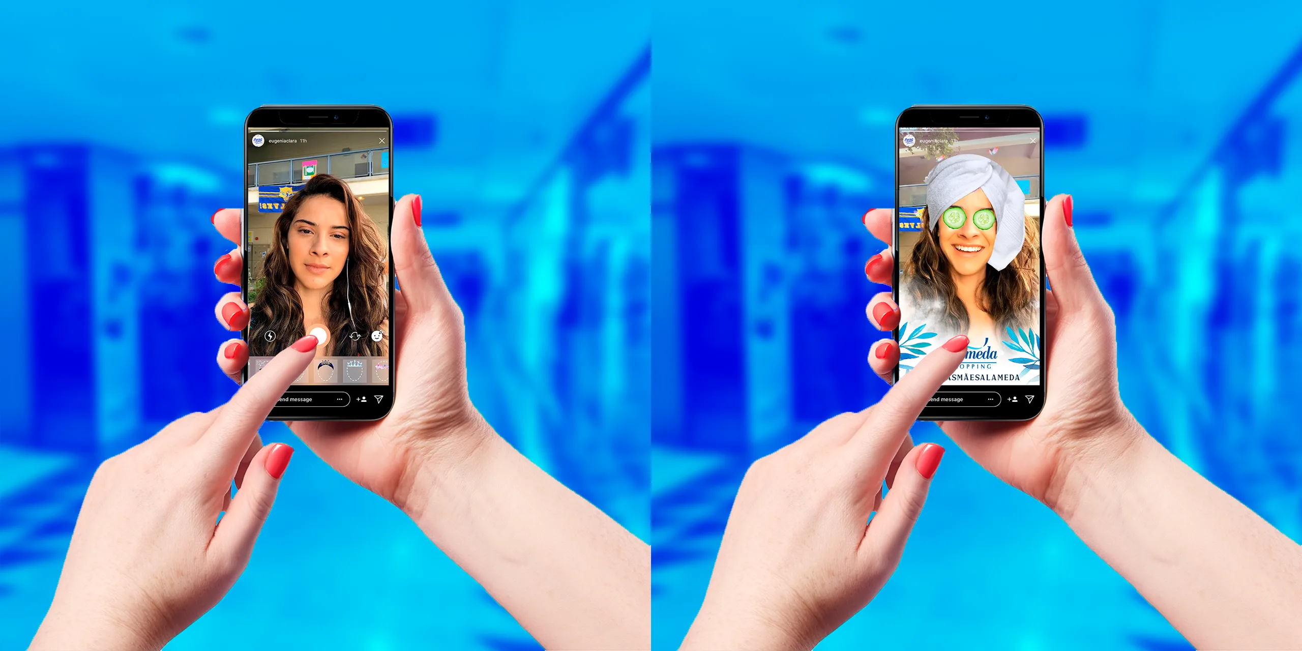 Before and after the Instagram filter - plain selfie and selfie with AR towel and cucumbers