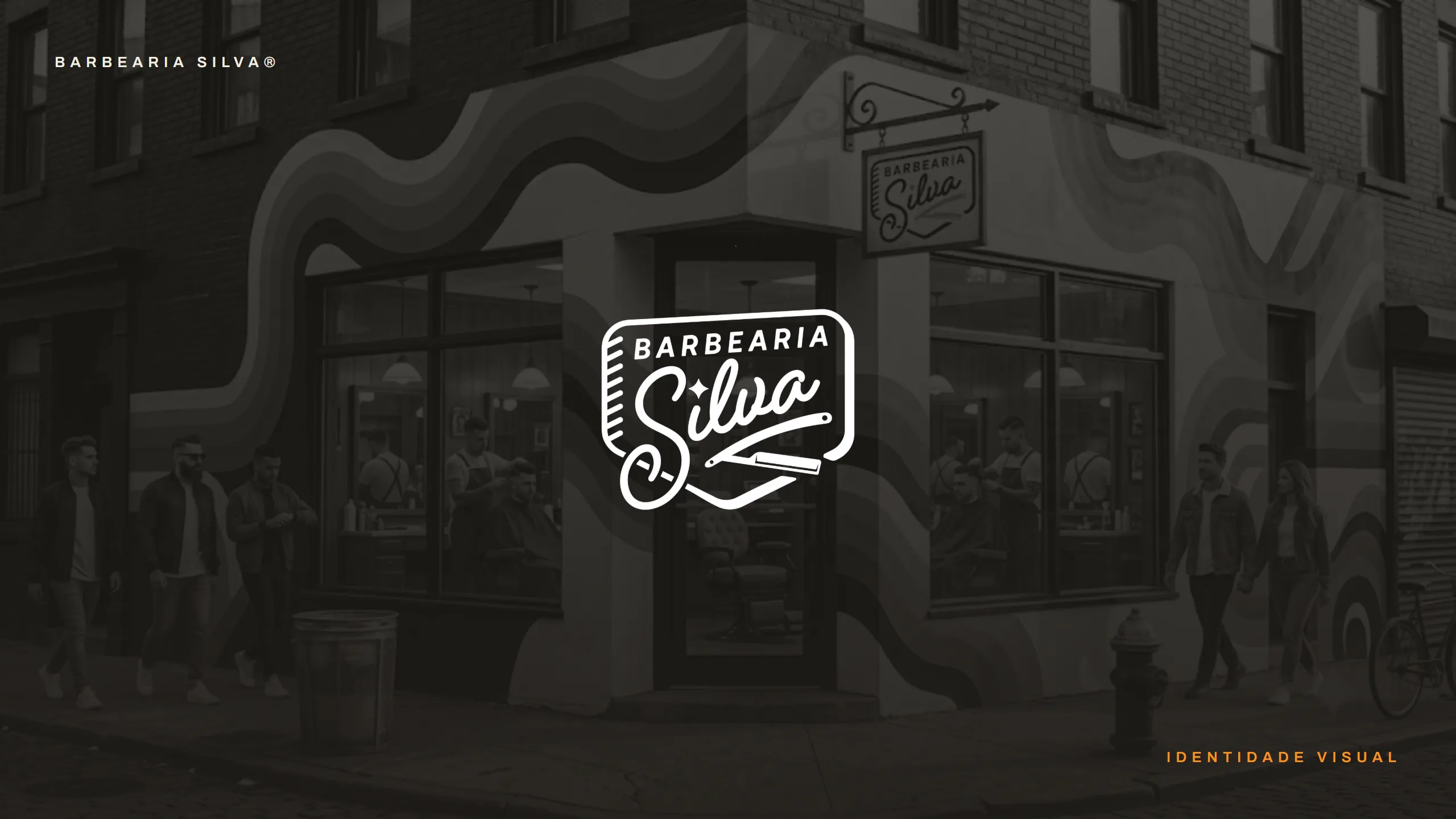 White logo over duotone barbershop photography