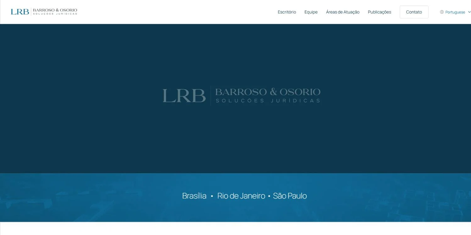 LRB Barroso & Osorio website hero: serif logotype over deep navy, with the cities Brasília, Rio de Janeiro and São Paulo