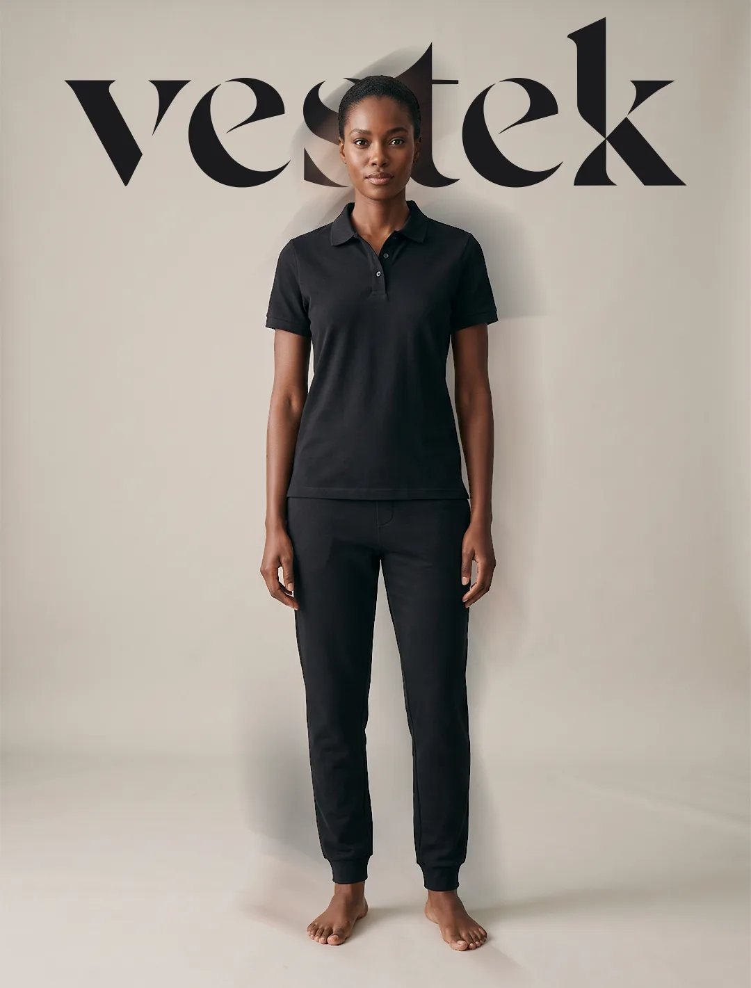 VESTEK editorial - model in black polo under the serif wordmark