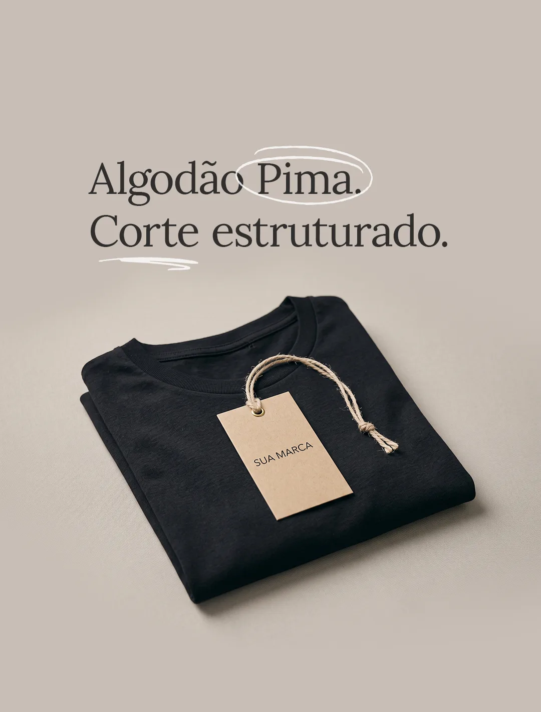 Folded black tee with kraft hangtag and the headline Pima cotton, structured cut