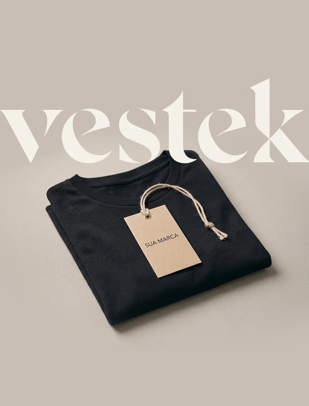 Folded black tee with Your Brand hangtag and vestek wordmark in off-white
