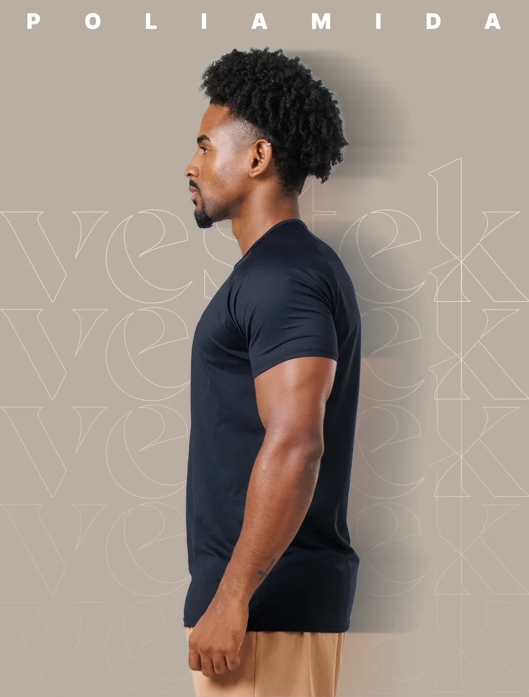Polyamide fitness line - model in profile with outline typographic pattern in the background